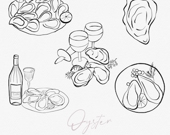 Ilustración de arte lineal de ostras, clipart, SVG, PNG, paquete, dibujado a mano, caprichoso icono de contorno de mariscos, invitación de boda minimalista, despedida de soltera
