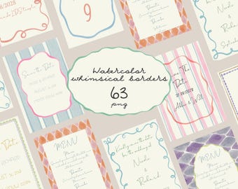 Watercolor Whimsical Frames Digital Clipart Border Wedding Invitation Menu Canva Templates Hand-Painted Printable Stationery Elements
