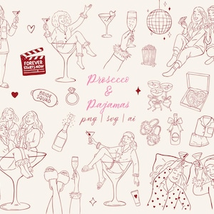 Pyjamas och Prosecco SVG Clipart Tjejer Kväll Möhippa Clipart Bundle SVG PNG Nyckfulla Teckningar Pyjamas & Prosecco Party Illustration Set