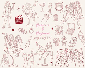 Pijamas y Prosecco SVG Clipart Noche de chicas Despedida de soltera Clipart Paquete SVG PNG Dibujos caprichosos Conjunto de ilustraciones de fiesta de pijamas y Prosecco