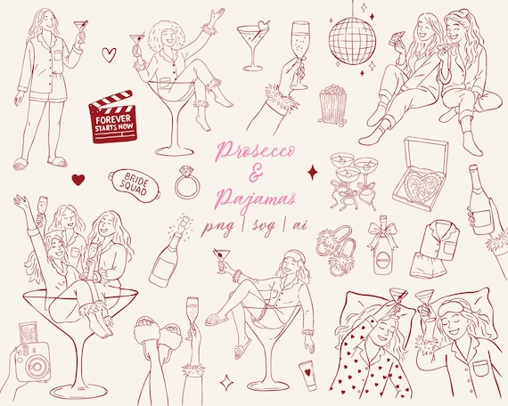 Pajamas and Prosecco SVG Clipart Girls Night Bachelorette Clipart Bundle SVG PNG Whimsical Drawings Pjs & Prosecco Party Illustration Set