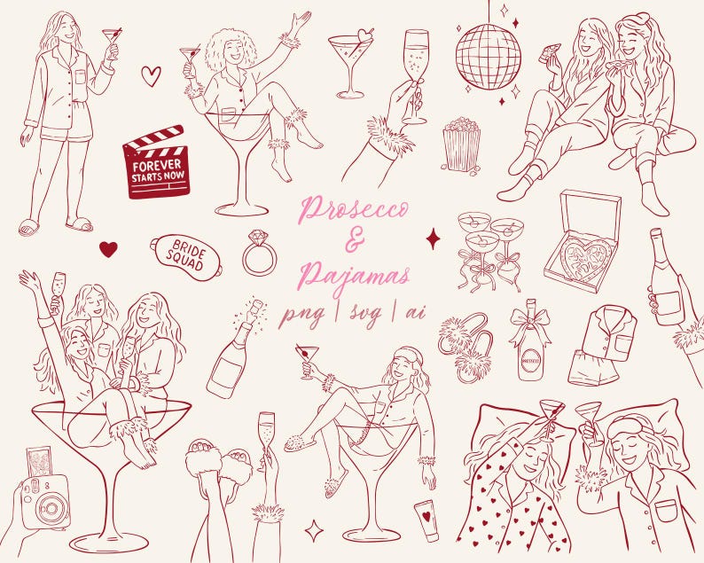 May include: A digital illustration featuring a collection of line art elements in shades of red and pink. The design includes women in pajamas, martini glasses, champagne bottles, and the text "Prosecco & Pajamas". Other elements include a film clapper and a heart.