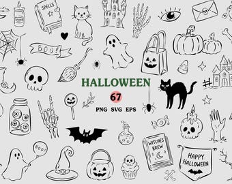 Halloween SVG Clipart, Gruselige Doodle-Clipart-Bundle (SVG, PNG), Verspielte Zeichnungen, Halloween-Party-Illustrationen, Handgezeichnete Halloween-Symbole