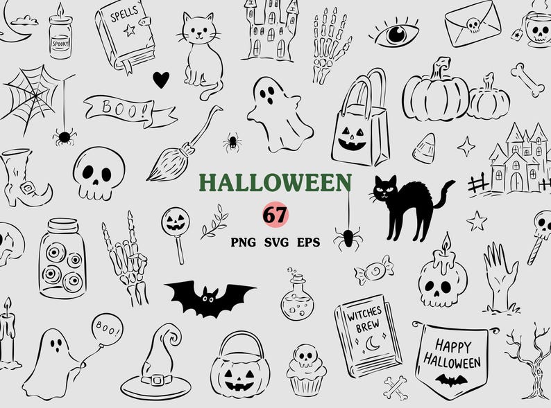 Halloween SVG Clipart Spooky Doodle Clipart Bundle SVG PNG Whimsical ...