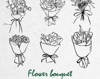 Flower Bouquets Illustration Line Art SVG PNG Bundle - Hand Drawn Floral Clipart Flower Drawing For Wedding Invitation Whimsical Icon