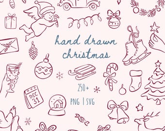 Jul Clipart Set, Handritade Julklappsillustrationer, SVG- och PNG-vinterpaket