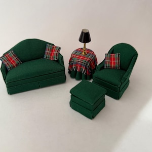Signed ANNE RUFF Miniature Living Room Set - Collectible Artisan Dollhouse Furniture in Rich Forest Green