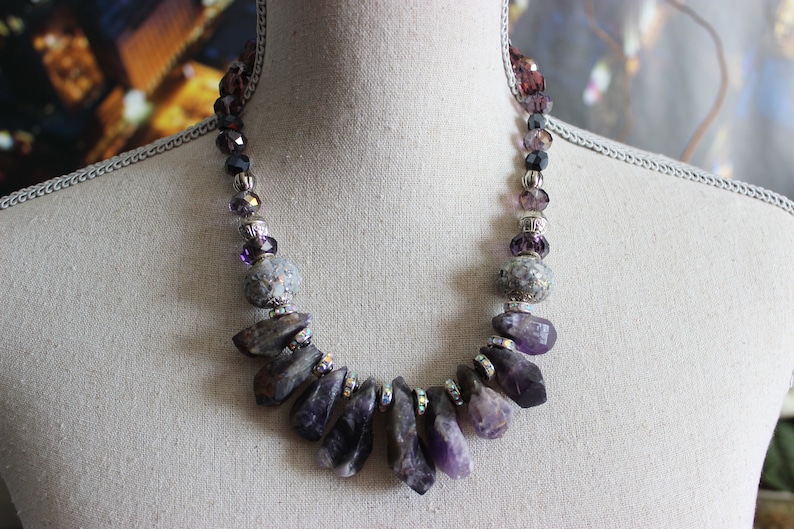 Amethyst Crystals Rhinestones Statement Necklace Rough Natural Stone Amethyst Necklace