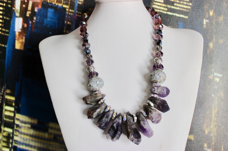Amethyst Crystals Rhinestones Statement Necklace Rough Natural Stone Amethyst Necklace