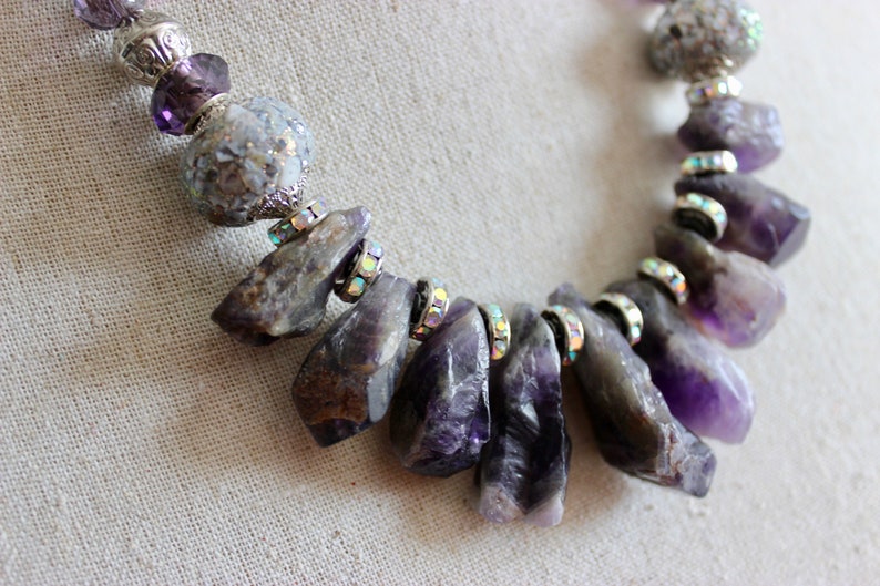 Amethyst Crystals Rhinestones Statement Necklace Rough Natural Stone Amethyst Necklace