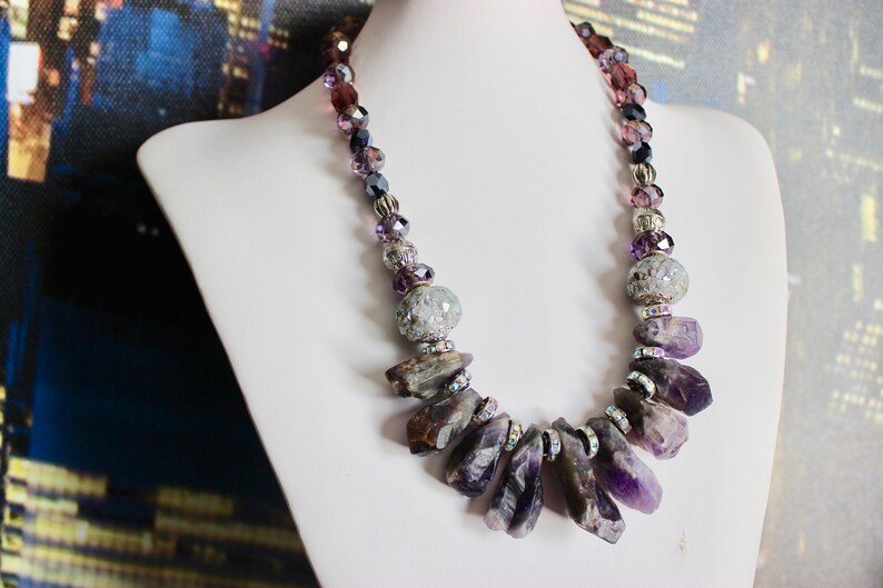 Amethyst Crystals Rhinestones Statement Necklace Rough Natural Stone Amethyst Necklace
