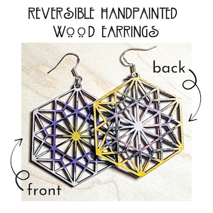 Reversible Sacred Geometry Earrings: Hand-Painted Wood & Sterling Silver | Nonbinary Flag Colors
