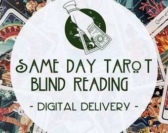 May include: A white circle with a green hand holding two tarot cards. The text "SAME DAY TAROT BLIND READING - DIGITAL DELIVERY -" is written in black letters on the circle.