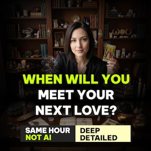 Op de afbeelding: Een vrouw houdt een tarotkaart vast met de tekst "WANNEER ZAL JE JE VOLGENDE LIEFDE ONTMOETEN?" De afbeelding bevat de zinnen "SAME HOUR NOT AI" en "DEEP DETAILED". De achtergrond toont boekenplanken en mystieke objecten.