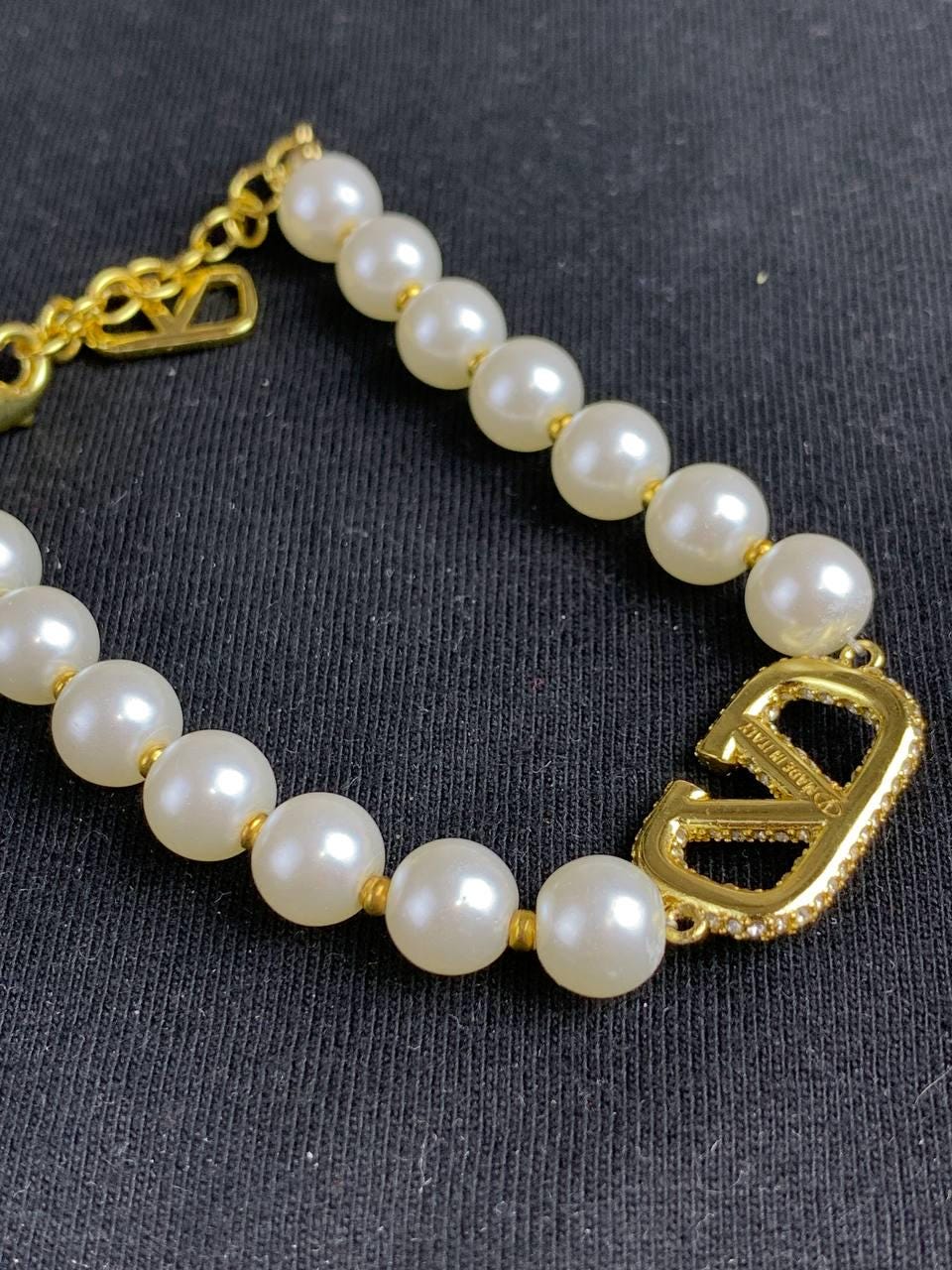 Valentino gold V Logo Rhinestone Pearl Beaded Bracelet - Etsy
