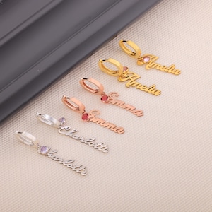 Personalized Name Earrings with Birthstone, Dangle Name Earrings, Drop Name Earrings, Silver Name Earrings with Birthstone, Gift for Mom