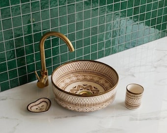 Lavabo de cerámica marroquí hecho a mano / Lavabo de sobreponer marrón y blanco / Baño moderno de mediados de siglo, regalo de cerámica artesanal