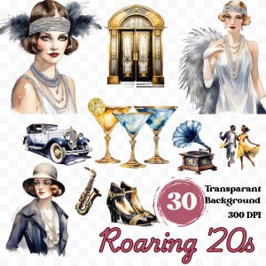 Ensemble d'images clipart des années 1920 – 30 illustrations PNG | Années folles, style Gatsby le Magnifique, Art déco, âge du jazz | Téléchargement numérique