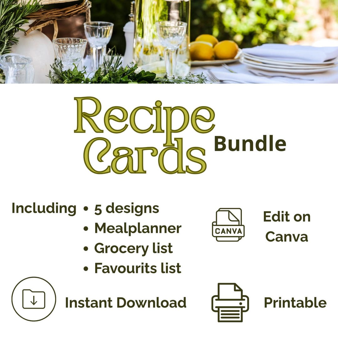 Printable Recipe Cards – Includes Meal Planner & Grocery List (canva ...