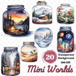 Mini World in a Jar Clipart – 20x Digital Illustrations – Fantasy – Magical Worlds – Instant Download