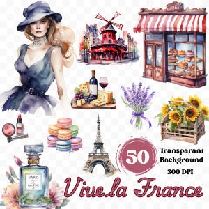 Conjunto de imágenes prediseñadas de Francia: 50 ilustraciones digitales: París, iconos franceses y viajes. Descarga instantánea. Archivos PNG.