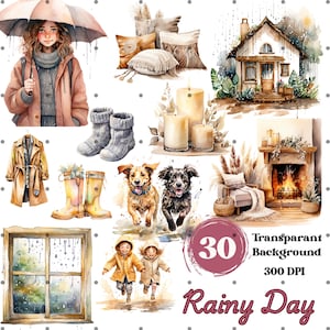Ensemble d'images clipart « Jour de pluie » – Illustrations amusantes pour projets numériques et imprimés – Téléchargement numérique
