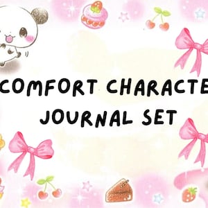 Puede incluir: Un fondo rosa y blanco con el texto "COMFORT CHARACTER JOURNAL SET". La imagen presenta ilustraciones de dibujos animados de un oso, postres, cerezas, fresas y lazos rosas.