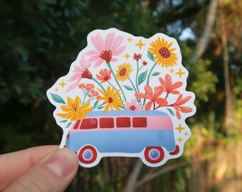 Retro Camper Van Sticker, Flower Power Sticker, Hippie Sticker, Retro Decal, WATERPROOF Sticker for Laptop, Water Bottle Sticker Car Sticker
