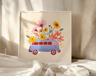 Flower Power Retro Van Art Print, Retro Wall Art, Hippie Art Print, Trendy Art Print, Cute Dorm Art, Wanderlust Art, Van Life Art Square Art