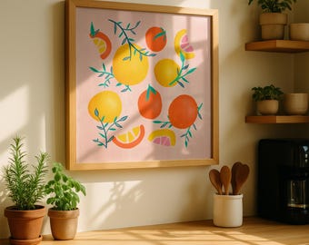Summer Citrus Art Print Square, Fruit Art, Kitchen Decor, Kitchen Art, Lemon Art, Grapefruit Art Print, Citrus Artwork, Fruit Wall Art