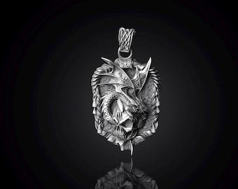 Sterling Silver Dragon Skull Pendant: Handmade Rustic Fantasy Jewelry