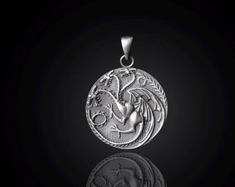 Sterling Silver Three-Headed Dragon Pendant: Engraved Targaryen Sigil