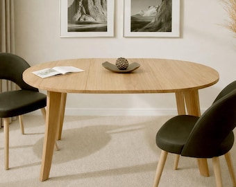 Tavolo da pranzo rotondo estensibile (+50 cm), tavolo da pranzo in legno massello, tavolo di design scandinavo, fatto a mano