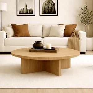 Könnte beinhalten: Ein Wohnzimmer mit neutralen Farbtönen, das ein weißes Sofa, braune und cremefarbene Kissen und eine beige Decke aufweist. Ein runder Holztisch steht auf einem cremefarbenen Teppich. Kunstwerke und ein schwarzer Stuhl sind ebenfalls zu sehen.