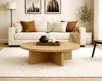 Tavolino rotondo, tavolo in legno massello, tavolino da caffè, tavolo dal design scandinavo, fatto a mano