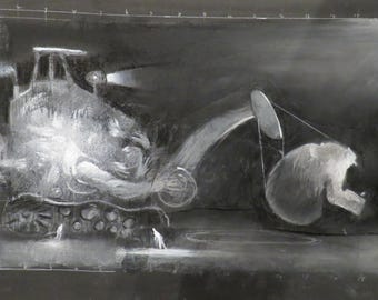 May include: A black and white chalk drawing of a large, industrial machine with a long arm and a large, round object at the end of the arm. The machine appears to be digging or excavating something.