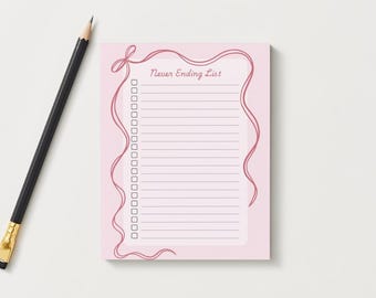 Liste interminable imprimable | Bloc-notes mignon de liste de tâches | Ruban rose en téléchargement numérique | Liste de contrôle Kawaii | Papeterie esthétique PDF