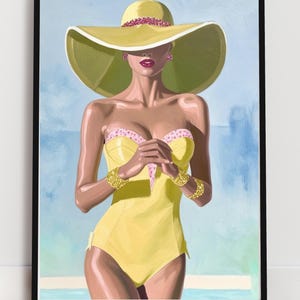 May include: A woman wearing a yellow swimsuit with pink polka dots and a large yellow sun hat with pink trim. She is standing in front of a blue and white background.