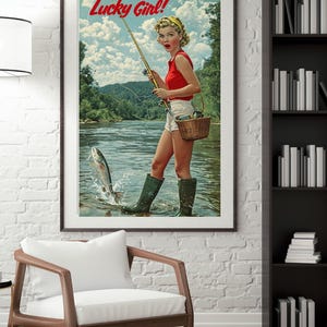 carte postale vintage - femme enthousiaste pêchant dans la rivière, art de pêche rétro, scène extérieure antique, téléchargement numérique de collection