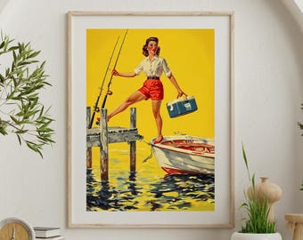 Vintage vissersprint uit de jaren 1950 | Retro nautische muurkunst | Digitale directe download | Klassieke haven- en bootscène | Decoratie kustvisserij