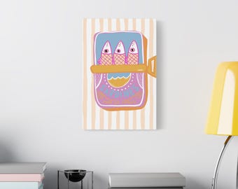 Colorful Sardines Canvas Wall Art, Whimsical Kitchen Decor, Funny Gift for Foodies, Unique Home Decor, Vibrant Artwork