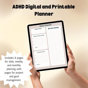 May include: A digital planner for daily, weekly, and monthly planning. The planner includes sections for "Today's Goal", "Must Do Tasks in Order", "Could Do Tasks", and "Brain Dump".