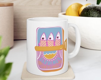 Bunte ästhetische Sardine Keramikbecher, Ozean-Liebhaber-Geschenk, Fisch-Design-Teetasse, Meereswelten-Küchendekor, Unterwasser-Kaffeetasse,