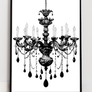 Black and White Chandelier Wall Art Print | Glam Instant Download | Baroque Princess Aesthetic Decor | Printable French Rococo Style Art