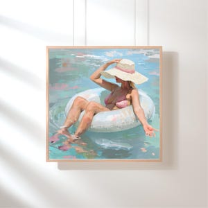 May include: A woman wearing a white sun hat and pink bikini floats on a white inflatable ring in a turquoise blue body of water.