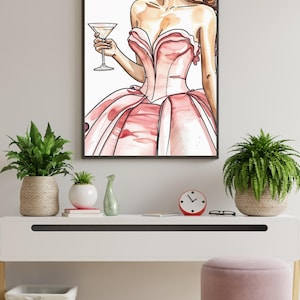 Elegant Fashion Illustration Print | Pink Cocktail Dress Art | Glamorous Woman with Martini | Instant Download Wall Art | Chic Digital Print