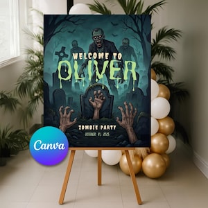 Zombie Birthday Welcome Sign: Printable Halloween Party Decor (Canva Template)