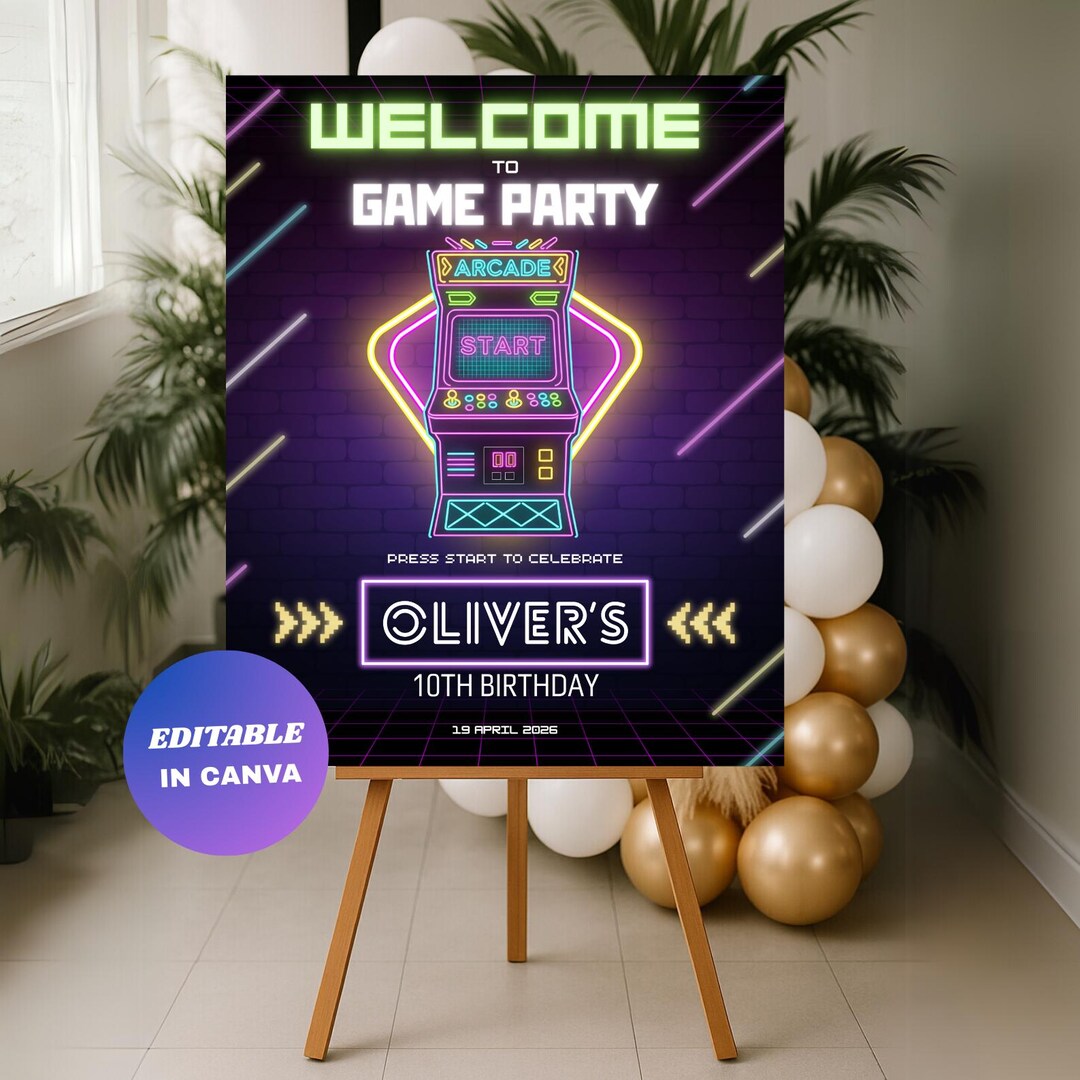 Video Game Birthday Welcome Sign : Editable Neon Arcade Party Poster ...
