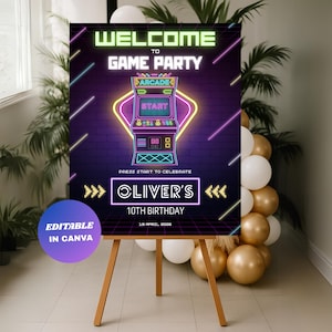 Cartel de bienvenida de cumpleaños de videojuegos: Póster de neón editable para fiesta arcade (descarga digital)