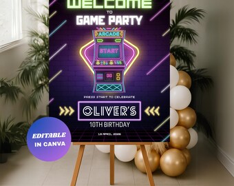 Video Game Birthday Welcome Sign : Editable Neon Arcade Party Poster (Digital Download)